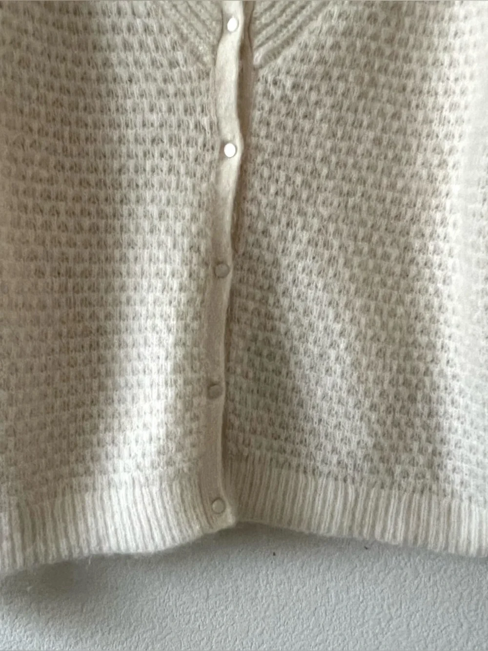 Sezane Solena Cardigan Sweater Kid Mohair Wool Ecru Large Fancy Knit Puff Sleeve - Picture 10 of 16